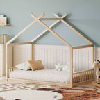 Okak House Floor Bed Twin/Full Size,Solid Wood Bed Frame with Safety Rails & Headboard, Wooden Fence Bed,Slat Not Required