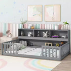 Cadre de lit double/complet Okak avec bibliothèque de chevet et barrières de sécurité, lit au sol de rangement sans porte pour chambre de bébés/enfants