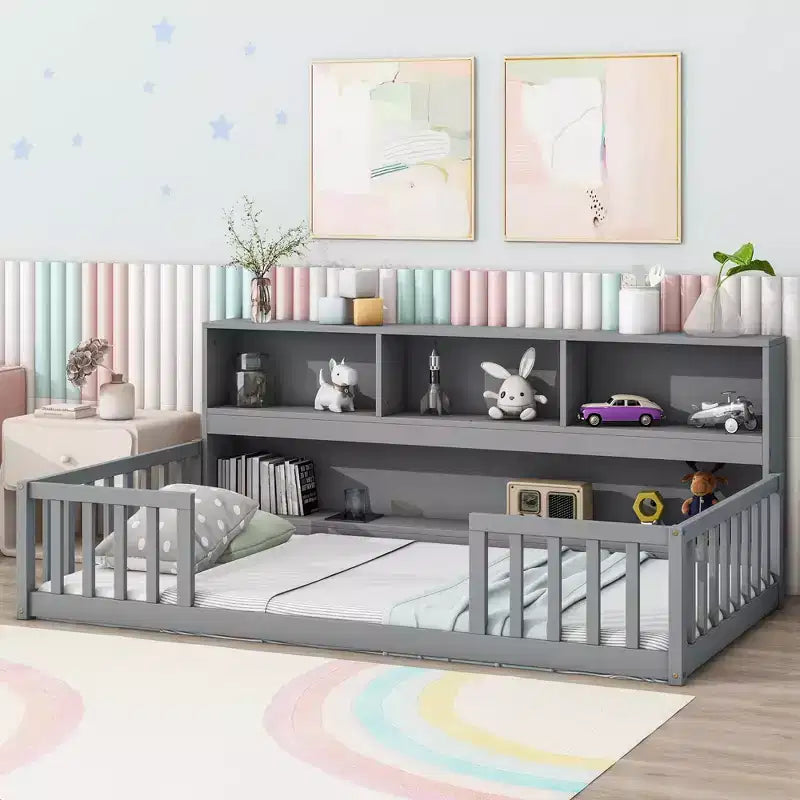 Cadre de lit double/complet Okak avec bibliothèque de chevet et barrières de sécurité, lit au sol de rangement sans porte pour chambre de bébés/enfants