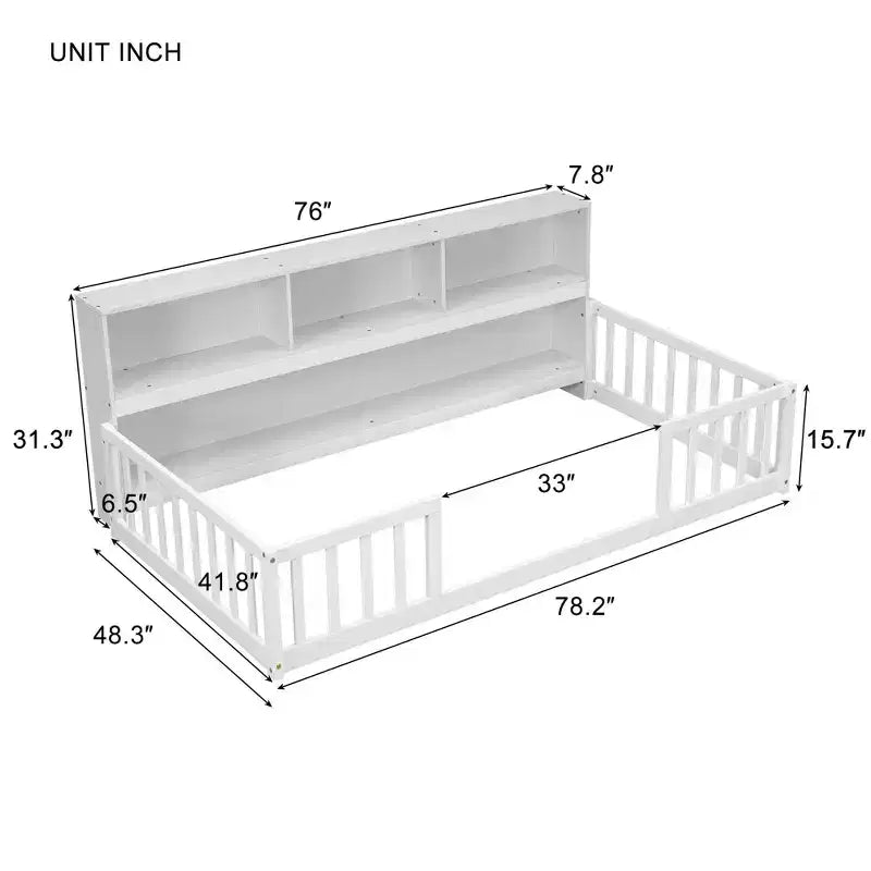 Cadre de lit double/complet Okak avec bibliothèque de chevet et barrières de sécurité, lit au sol de rangement sans porte pour chambre de bébés/enfants