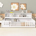 Cadre de lit double/complet Okak avec bibliothèque de chevet et barrières de sécurité, lit au sol de rangement sans porte pour chambre de bébés/enfants