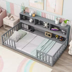 Okak Twin/Full Size Bed Frame with Bedside Bookcase & Guardrails, Storage Floor Bed without Door for Toddlers/Kids Bedroom