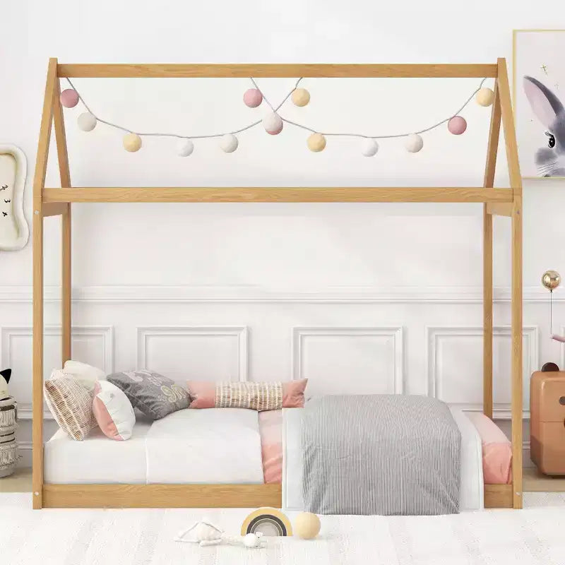 Cadre de lit en bois Okak double en forme de maison, lit au sol moderne pour chambre d'enfant/tout-petits
