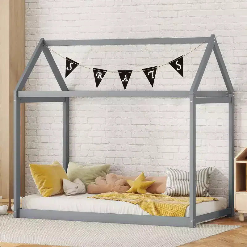 Cadre de lit en bois Okak double en forme de maison, lit au sol moderne pour chambre d'enfant/tout-petits