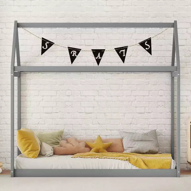 Okak Twin Size House-Shaped Roof Wooden Bed Frame, Modern Floor Bed for Toddlers/Kids Bedroom