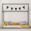 Okak Twin Size House-Shaped Roof Wooden Bed Frame, Modern Floor Bed for Toddlers/Kids Bedroom