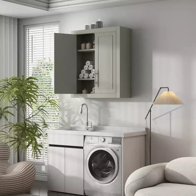 Bathroom Kitchen Wall Cabinet, Medicine Cabinet Over The Toilet, Laundry Room Cabinet with Doors and Storage Shelves, Gray