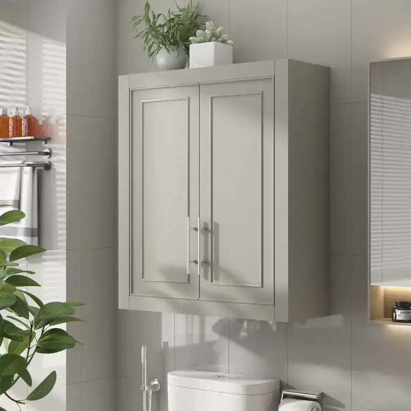 Meuble Mural de Salle de Bain et Cuisine, Armoire à Pharmacie Au-dessus des Toilettes, Meuble de Buanderie avec Portes et Étagères de Rangement, Gris