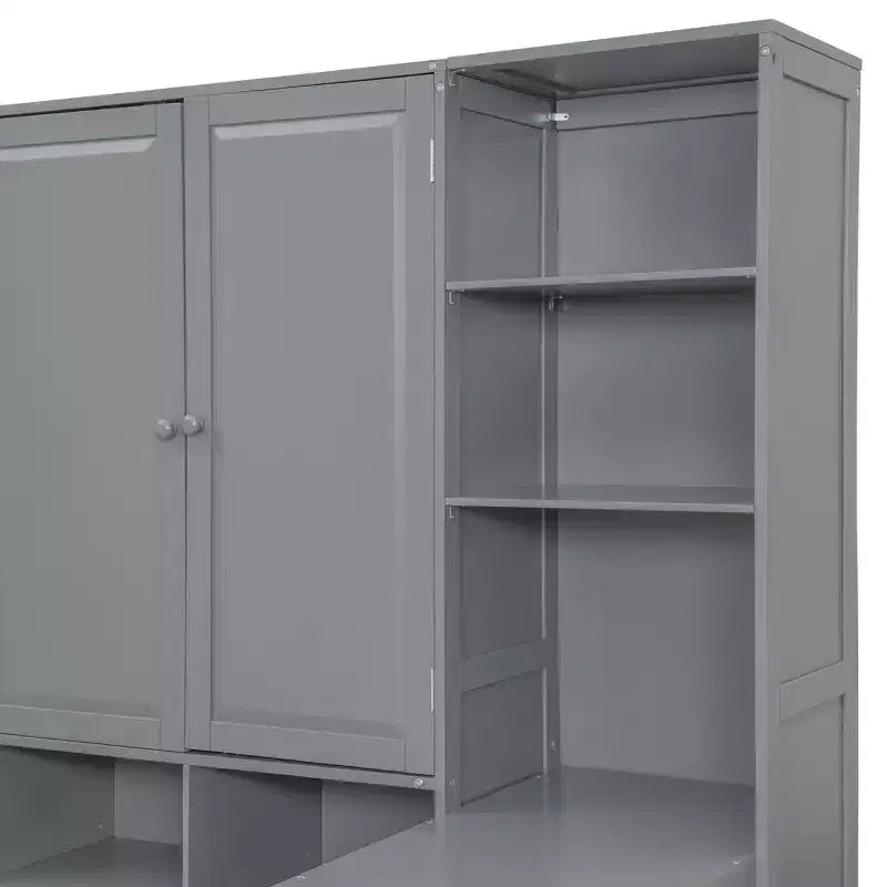 Lit de repos en bois double/grand avec bureau, étagères et 3 tiroirs intégrés, meuble compact d'une capacité de 180 kg, blanc/gris - ModernLuxe