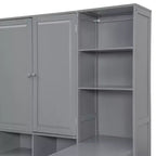 Lit de repos en bois double/grand avec bureau, étagères et 3 tiroirs intégrés, meuble compact d'une capacité de 180 kg, blanc/gris - ModernLuxe