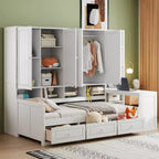 Lit de repos en bois double/grand avec bureau, étagères et 3 tiroirs intégrés, meuble compact d'une capacité de 180 kg, blanc/gris - ModernLuxe