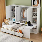 Lit de repos en bois double/grand avec bureau, étagères et 3 tiroirs intégrés, meuble compact d'une capacité de 180 kg, blanc/gris - ModernLuxe