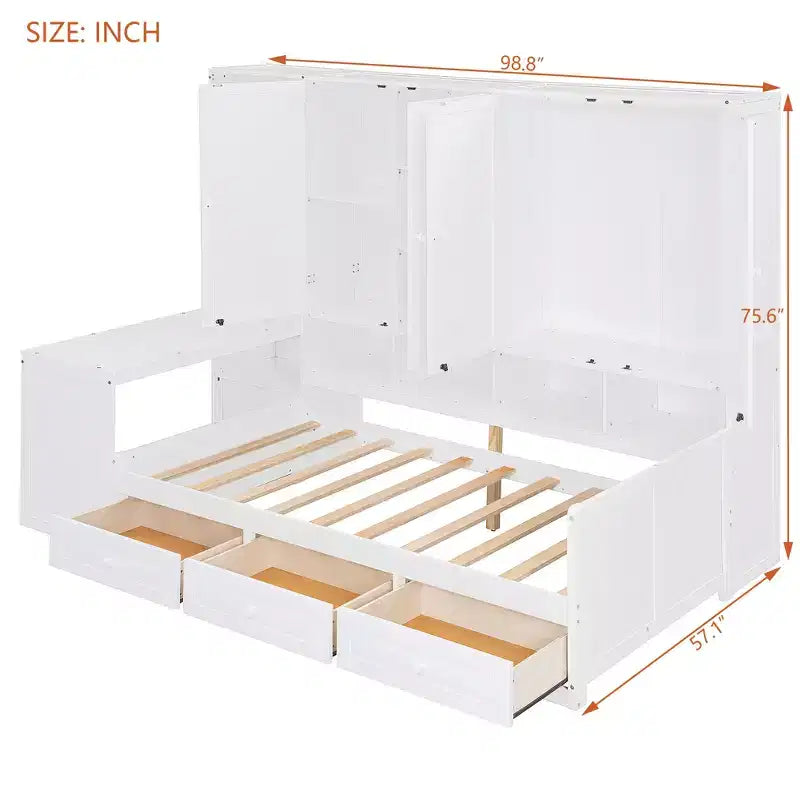 Lit de repos en bois double/grand avec bureau, étagères et 3 tiroirs intégrés, meuble compact d'une capacité de 180 kg, blanc/gris - ModernLuxe