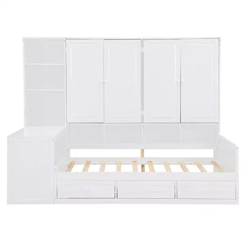 Lit de repos en bois double/grand avec bureau, étagères et 3 tiroirs intégrés, meuble compact d'une capacité de 180 kg, blanc/gris - ModernLuxe