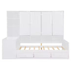Lit de repos en bois double/grand avec bureau, étagères et 3 tiroirs intégrés, meuble compact d'une capacité de 180 kg, blanc/gris - ModernLuxe