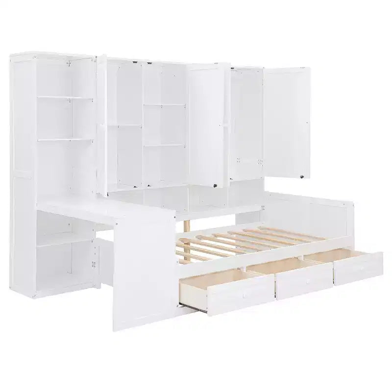 Lit de repos en bois double/grand avec bureau, étagères et 3 tiroirs intégrés, meuble compact d'une capacité de 180 kg, blanc/gris - ModernLuxe