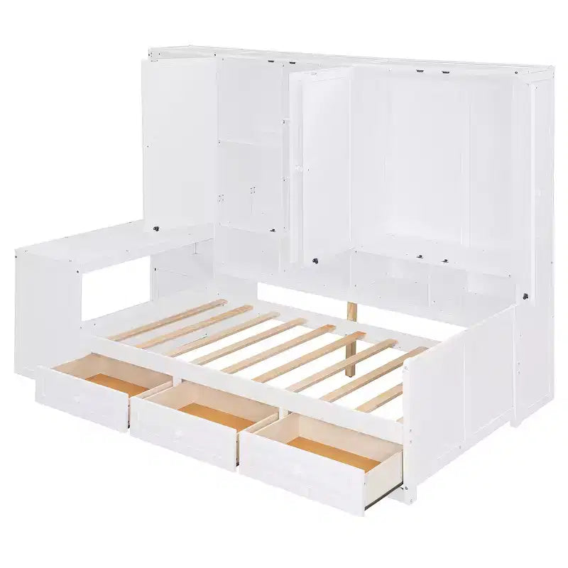 Lit de repos en bois double/grand avec bureau, étagères et 3 tiroirs intégrés, meuble compact d'une capacité de 180 kg, blanc/gris - ModernLuxe
