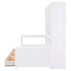 Lit de repos en bois double/grand avec bureau, étagères et 3 tiroirs intégrés, meuble compact d'une capacité de 180 kg, blanc/gris - ModernLuxe