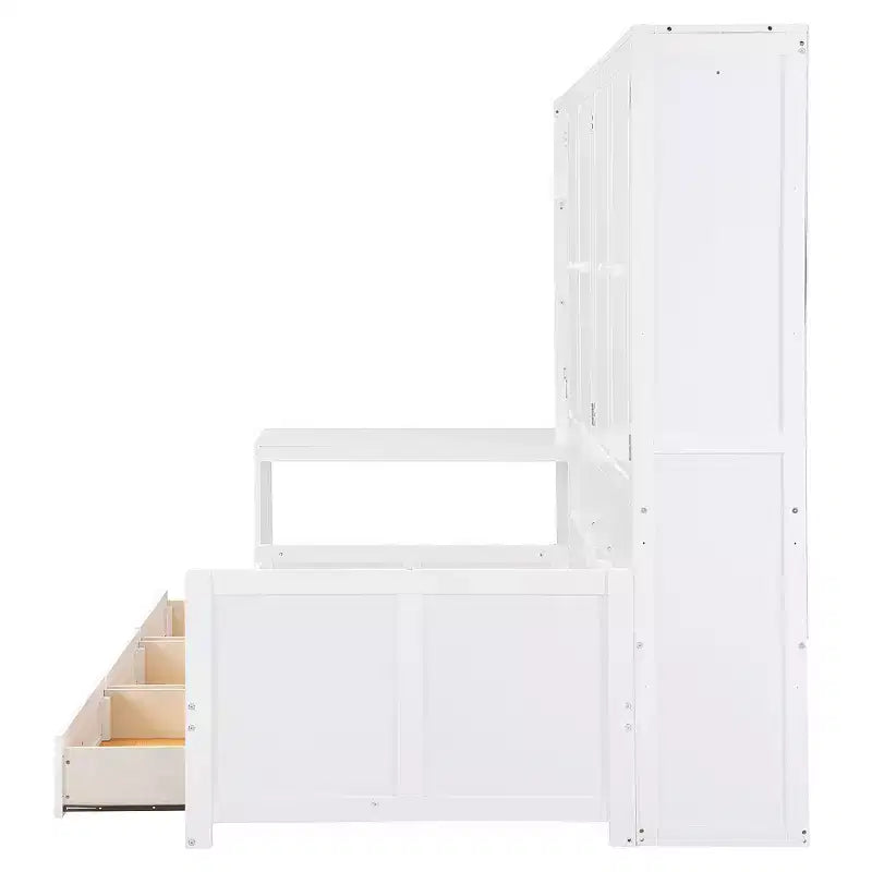 Lit de repos en bois double/grand avec bureau, étagères et 3 tiroirs intégrés, meuble compact d'une capacité de 180 kg, blanc/gris - ModernLuxe