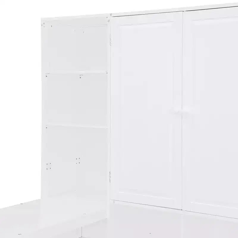 Lit de repos en bois double/grand avec bureau, étagères et 3 tiroirs intégrés, meuble compact d'une capacité de 180 kg, blanc/gris - ModernLuxe