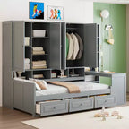 Lit de repos en bois double/grand avec bureau, étagères et 3 tiroirs intégrés, meuble compact d'une capacité de 180 kg, blanc/gris - ModernLuxe