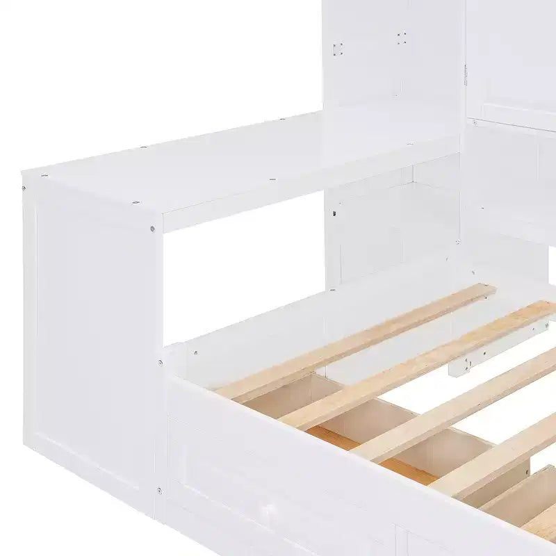 Lit de repos en bois double/grand avec bureau, étagères et 3 tiroirs intégrés, meuble compact d'une capacité de 180 kg, blanc/gris - ModernLuxe