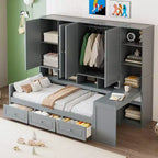 Lit de repos en bois double/grand avec bureau, étagères et 3 tiroirs intégrés, meuble compact d'une capacité de 180 kg, blanc/gris - ModernLuxe
