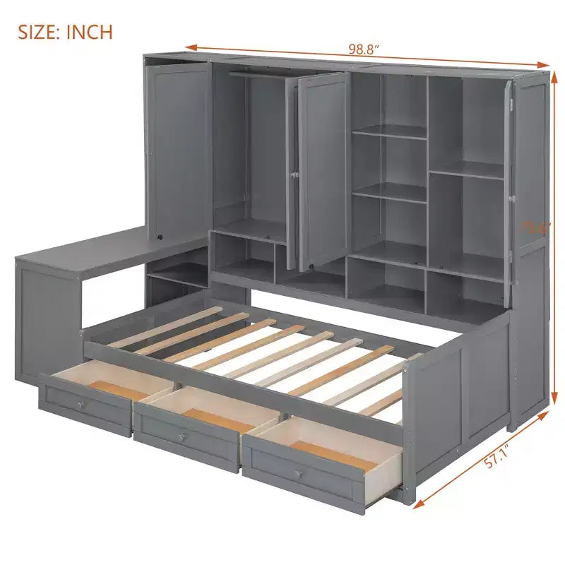 Lit de repos en bois double/grand avec bureau, étagères et 3 tiroirs intégrés, meuble compact d'une capacité de 180 kg, blanc/gris - ModernLuxe