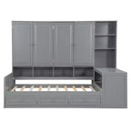 Lit de repos en bois double/grand avec bureau, étagères et 3 tiroirs intégrés, meuble compact d'une capacité de 180 kg, blanc/gris - ModernLuxe