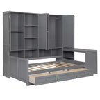 Lit de repos en bois double/grand avec bureau, étagères et 3 tiroirs intégrés, meuble compact d'une capacité de 180 kg, blanc/gris - ModernLuxe