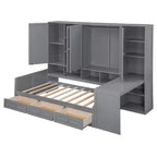 Lit de repos en bois double/grand avec bureau, étagères et 3 tiroirs intégrés, meuble compact d'une capacité de 180 kg, blanc/gris - ModernLuxe