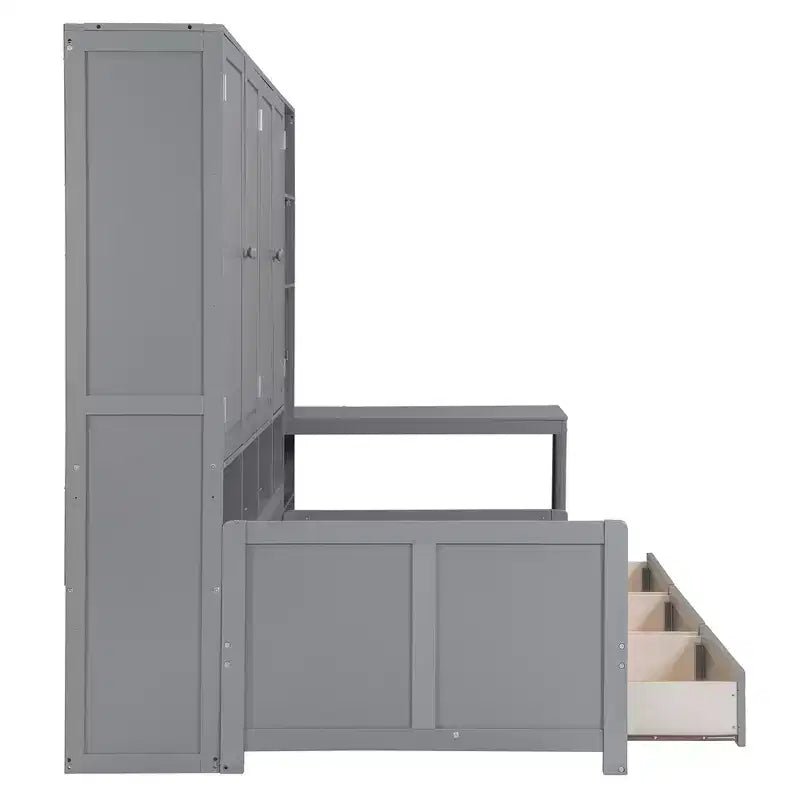 Lit de repos en bois double/grand avec bureau, étagères et 3 tiroirs intégrés, meuble compact d'une capacité de 180 kg, blanc/gris - ModernLuxe
