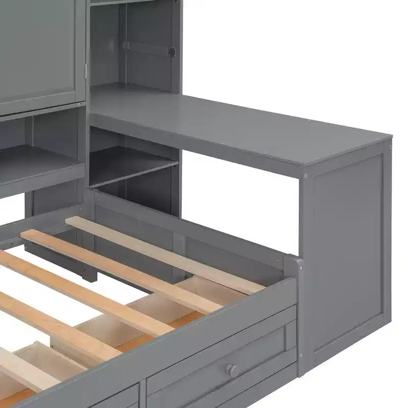 Lit de repos en bois double/grand avec bureau, étagères et 3 tiroirs intégrés, meuble compact d'une capacité de 180 kg, blanc/gris - ModernLuxe