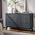 Commode cannelée à 7 tiroirs, commode moderne de 54 pouces avec plateau en faux marbre et design incurvé, organiseur de rangement en bois pour chambre à coucher, salon