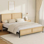 Garvee Bed Frame with Natural Rattan Headboard and Footboard, Wooden Platform No Box Spring Needed, Noise-Free Metal Bedframe