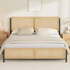 Lit Garvee avec tête et pied de lit en rotin naturel, plateforme en bois sans sommier tapissier, cadre de lit en métal silencieux
