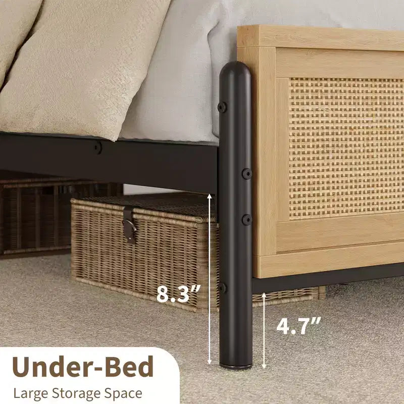 Lit Garvee avec tête et pied de lit en rotin naturel, plateforme en bois sans sommier tapissier, cadre de lit en métal silencieux