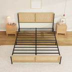 Lit Garvee avec tête et pied de lit en rotin naturel, plateforme en bois sans sommier tapissier, cadre de lit en métal silencieux