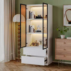 ATJafurn 23.6 Armoire de présentation blanche avec tiroirs, vitrine à liqueur moderne en verre et bois pour objets de collection, vaisselier pour salon et salle à manger