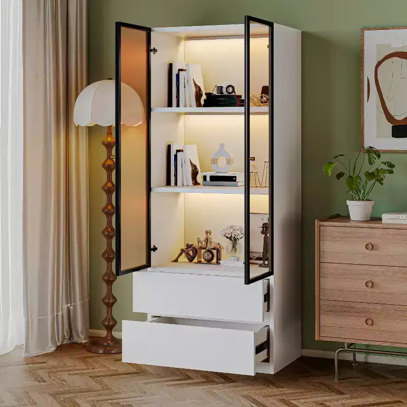 ATJafurn 23.6 Armoire de présentation blanche avec tiroirs, vitrine à liqueur moderne en verre et bois pour objets de collection, vaisselier pour salon et salle à manger