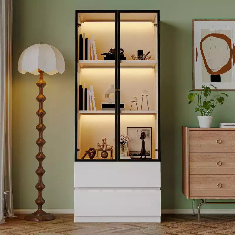 ATJafurn 23.6 Armoire de présentation blanche avec tiroirs, vitrine à liqueur moderne en verre et bois pour objets de collection, vaisselier pour salon et salle à manger