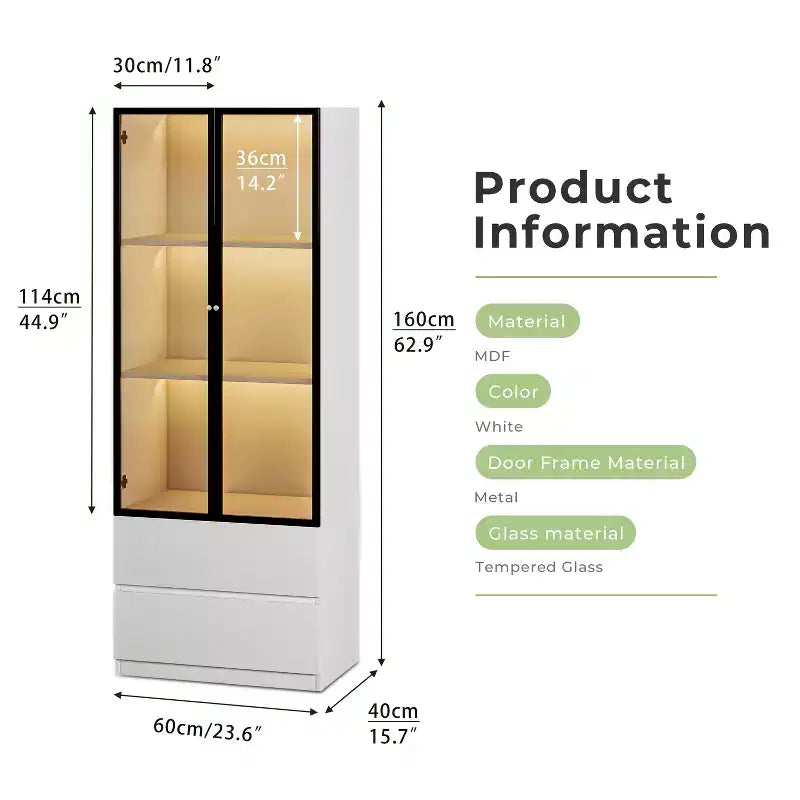 ATJafurn 23.6 Armoire de présentation blanche avec tiroirs, vitrine à liqueur moderne en verre et bois pour objets de collection, vaisselier pour salon et salle à manger