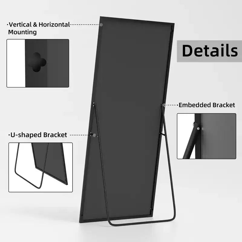 Miroir sur pied 59*35, Miroir pleine longueur avec cadre en alliage d'aluminium noir, Miroir de courtoisie pour salle de bain, entrée de chambre, salon/dressing