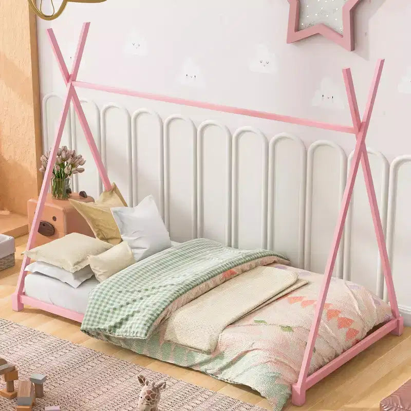 Okak Twin Size Bed Frame, Metal Twin Size House Platform Bed with Triangle Structure for Bedroom, Pink