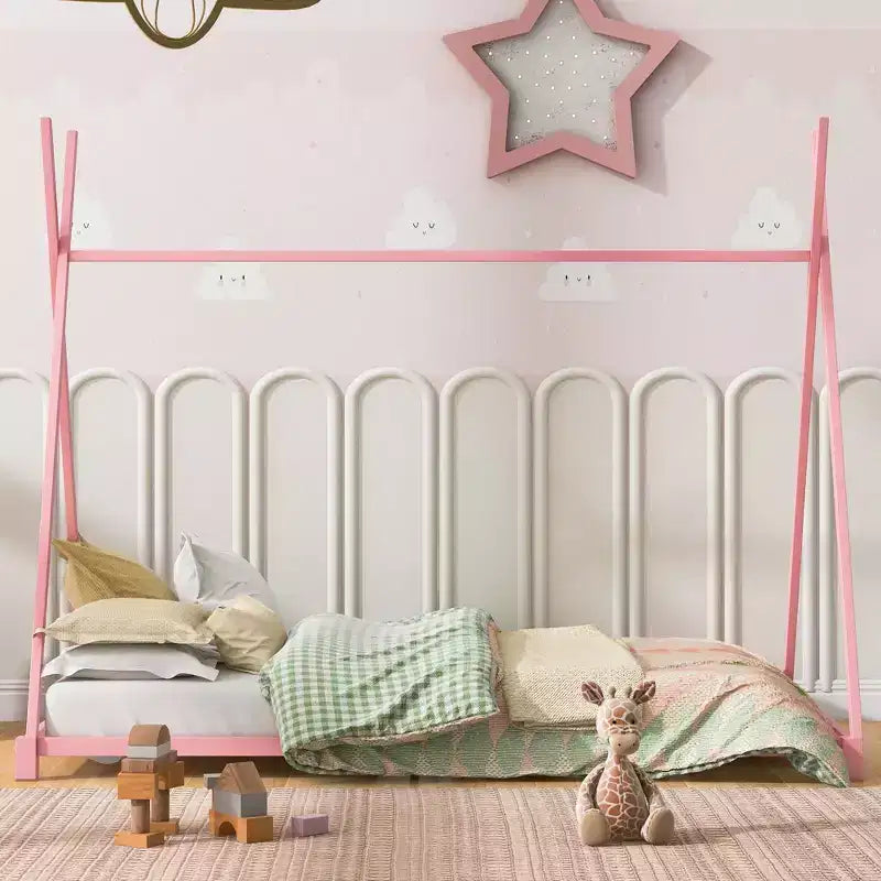 Cadre de lit double Okak, plateforme de lit double en métal avec structure triangulaire pour chambre à coucher, rose