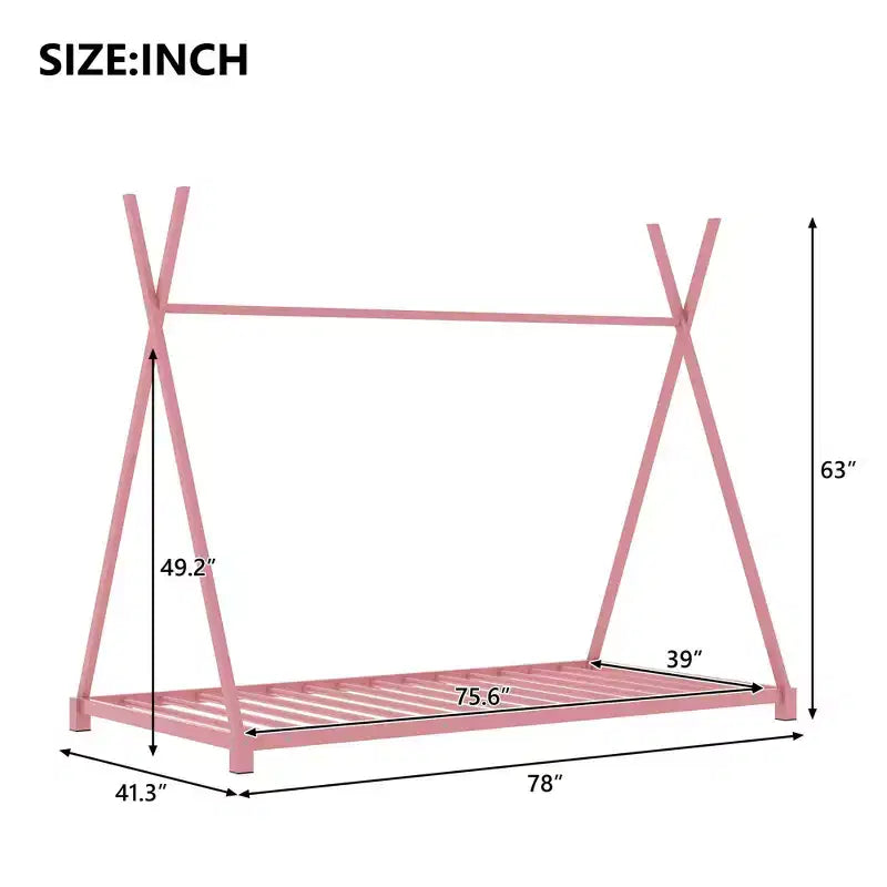 Cadre de lit double Okak, plateforme de lit double en métal avec structure triangulaire pour chambre à coucher, rose