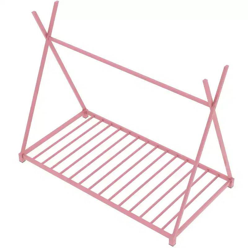 Cadre de lit double Okak, plateforme de lit double en métal avec structure triangulaire pour chambre à coucher, rose