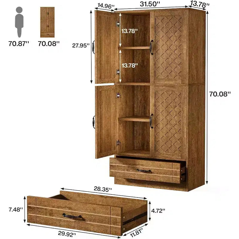 Meuble de rangement Lantine 70 en bois, armoire haute de style rétro avec portes et tiroir