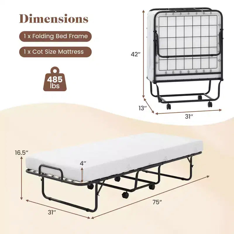 Costway Lit Pliant avec Matelas 74 x 31 Lit d'appoint Pliable sur Roulettes Gain de Place