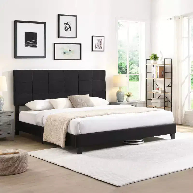 Okak King Size Bed Frame with Linen Fabric Headboard, Upholstered Platform Bed Frame with Wood Slat Support for Bedroom, Black